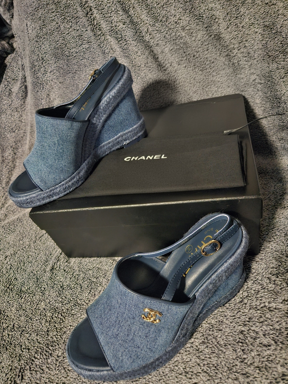Chanel
Washed Denim Braided Cord Wedge Sandals
